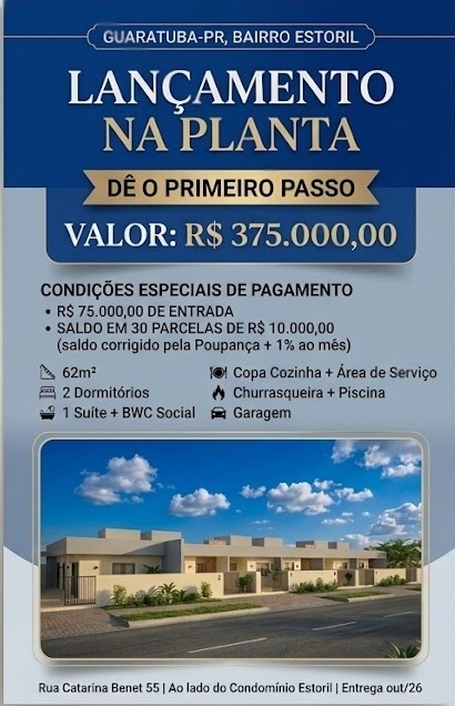 Imóvel com 62 m²  -  02 dormitórios (sendo  1 suíte), Sala/ Copa / Cozinha, área de serviço, banheiro social, churrasqueira, piscina e garagem.

CONDIÇÕES DE PAGAMENTO

R$75.000, 00 de entrada e saldo em 30 X R$10.000,00 corrigidos pela poupança + 1% ao mês.

Entrega prevista para outubro/26


 - Guaratuba